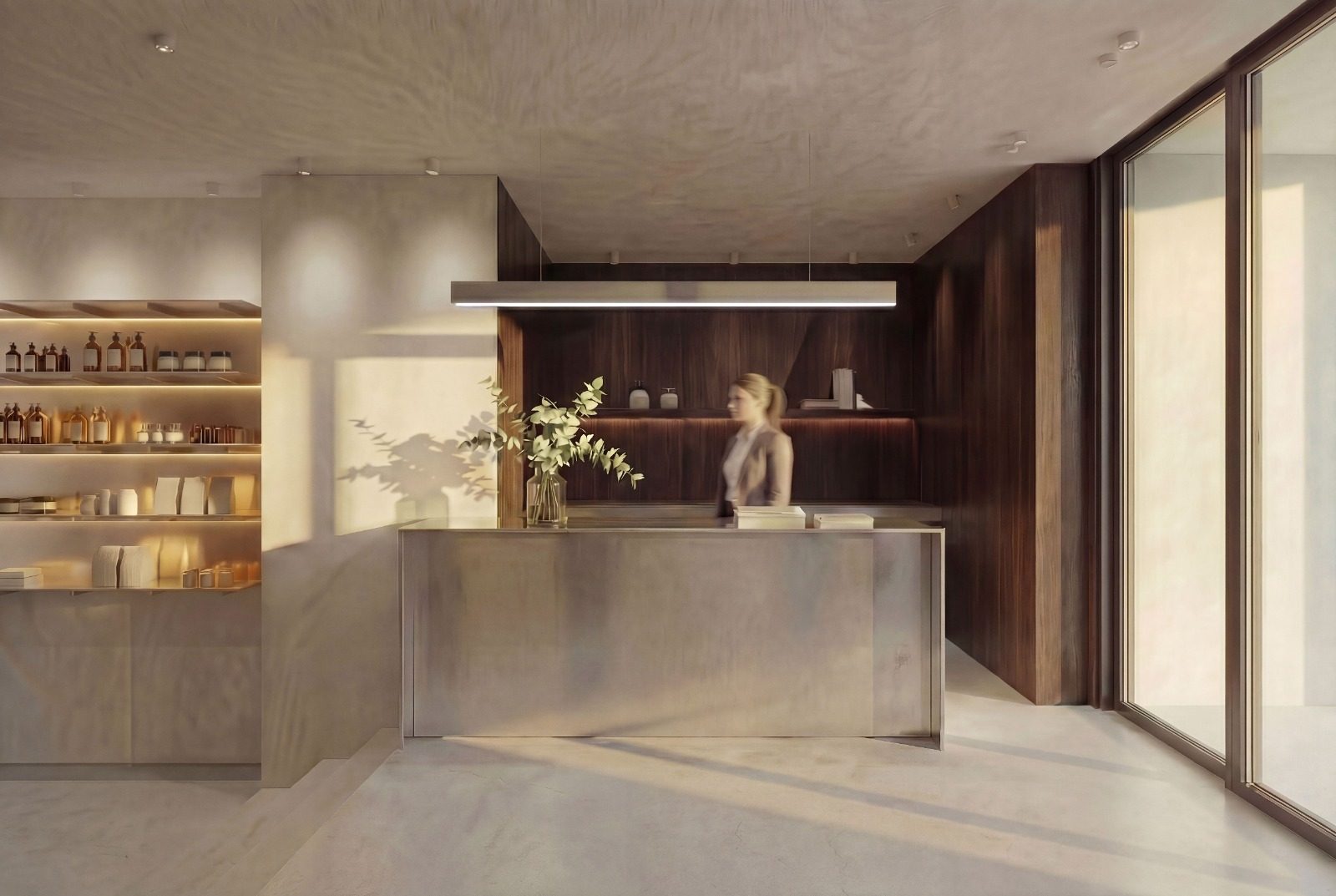 The Qlture Velázquez, Madrid: gimnasio con techo de formas orgánicas iluminadas, cortinas y suelo de madera — interiorismo de Studio Eleven