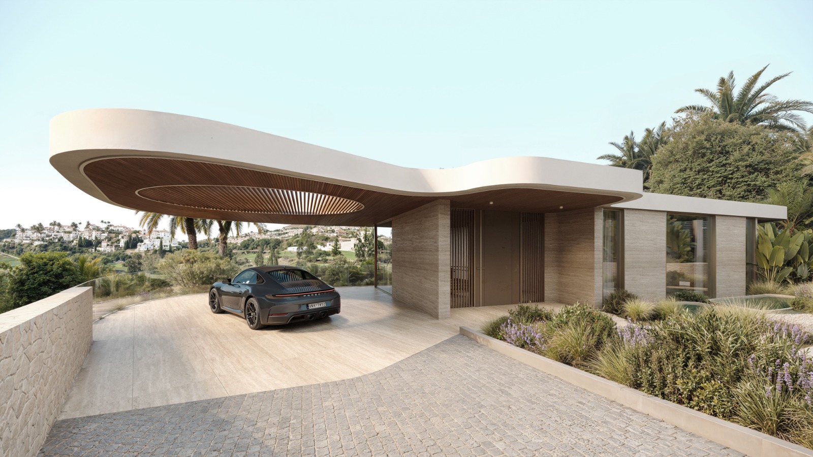 Villa Atalaya, Marbella: porche de entrada con cubierta curva y techo de madera — Studio Eleven