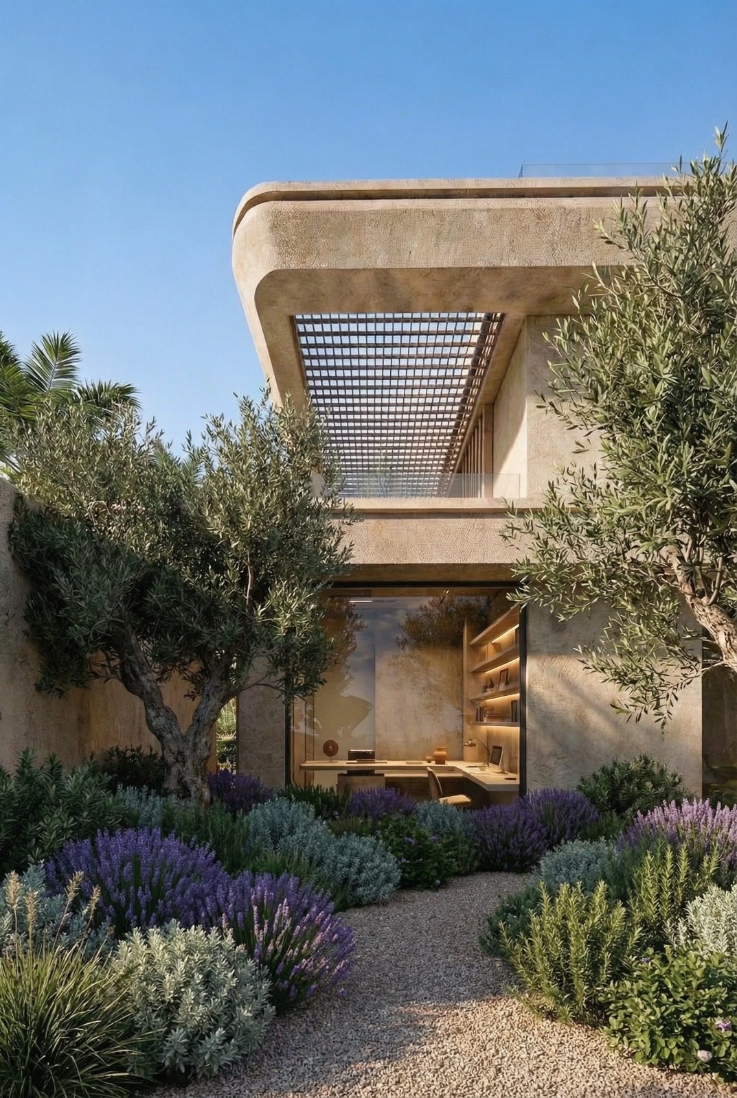 Villa Río Verde, Marbella: despacho abierto al jardín bajo pérgola, con olivos y lavanda — Studio Eleven