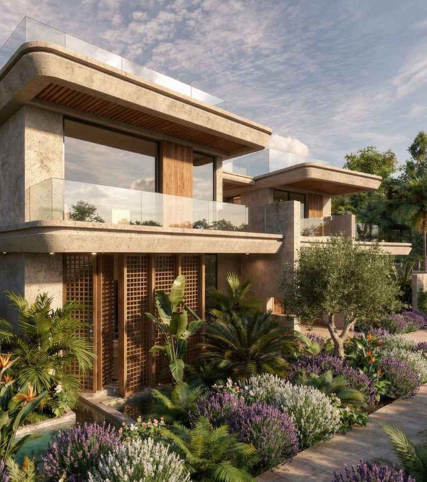 Villa Río Verde, Marbella: fachada con celosías de madera y jardín tropical — Studio Eleven