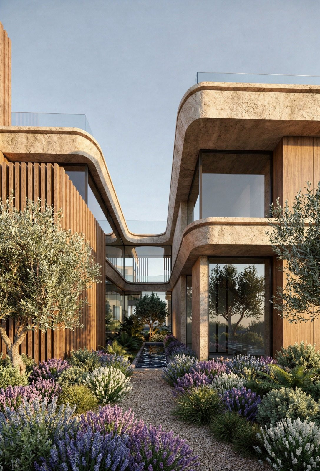 Villa Río Verde, Marbella: volúmenes curvos, pasarela acristalada y lámina de agua entre jardín mediterráneo — Studio Eleven