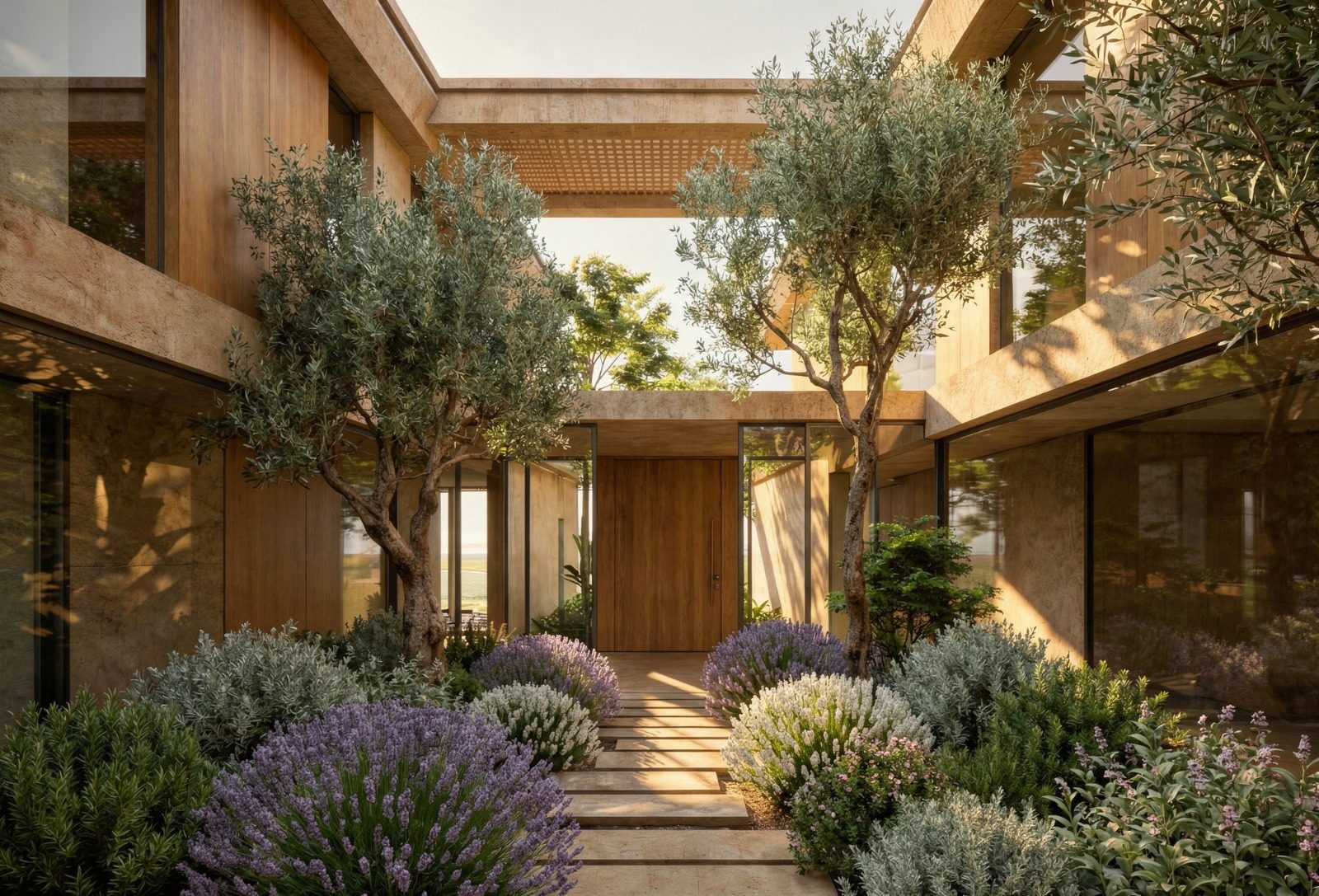 Villa Río Verde, Marbella: patio de entrada con olivos, lavanda y puerta de madera — arquitectura e interiorismo de Studio Eleven