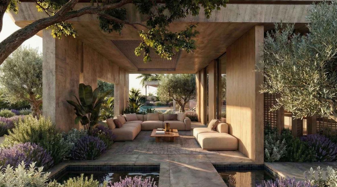 Villa Río Verde, Marbella: porche con zona de estar exterior junto a la piscina — Studio Eleven