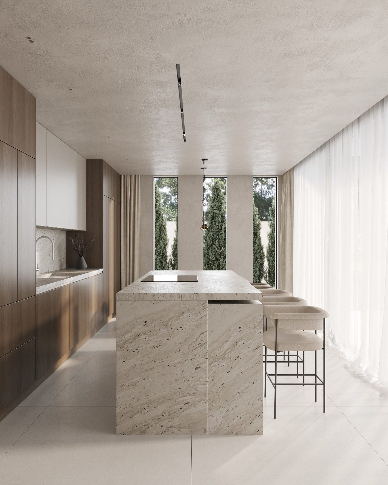 Villa VOG, Marbella: cocina con isla de travertino y mobiliario de madera — Studio Eleven