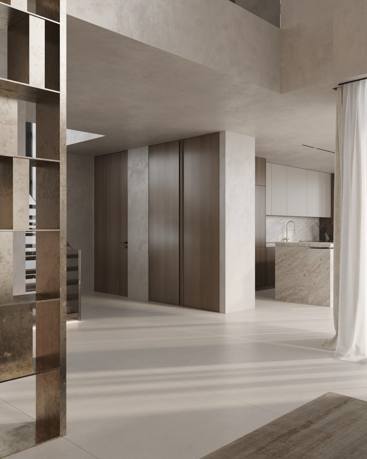 Villa VOG, Marbella: distribuidor con carpintería de madera y vistas a la cocina — Studio Eleven