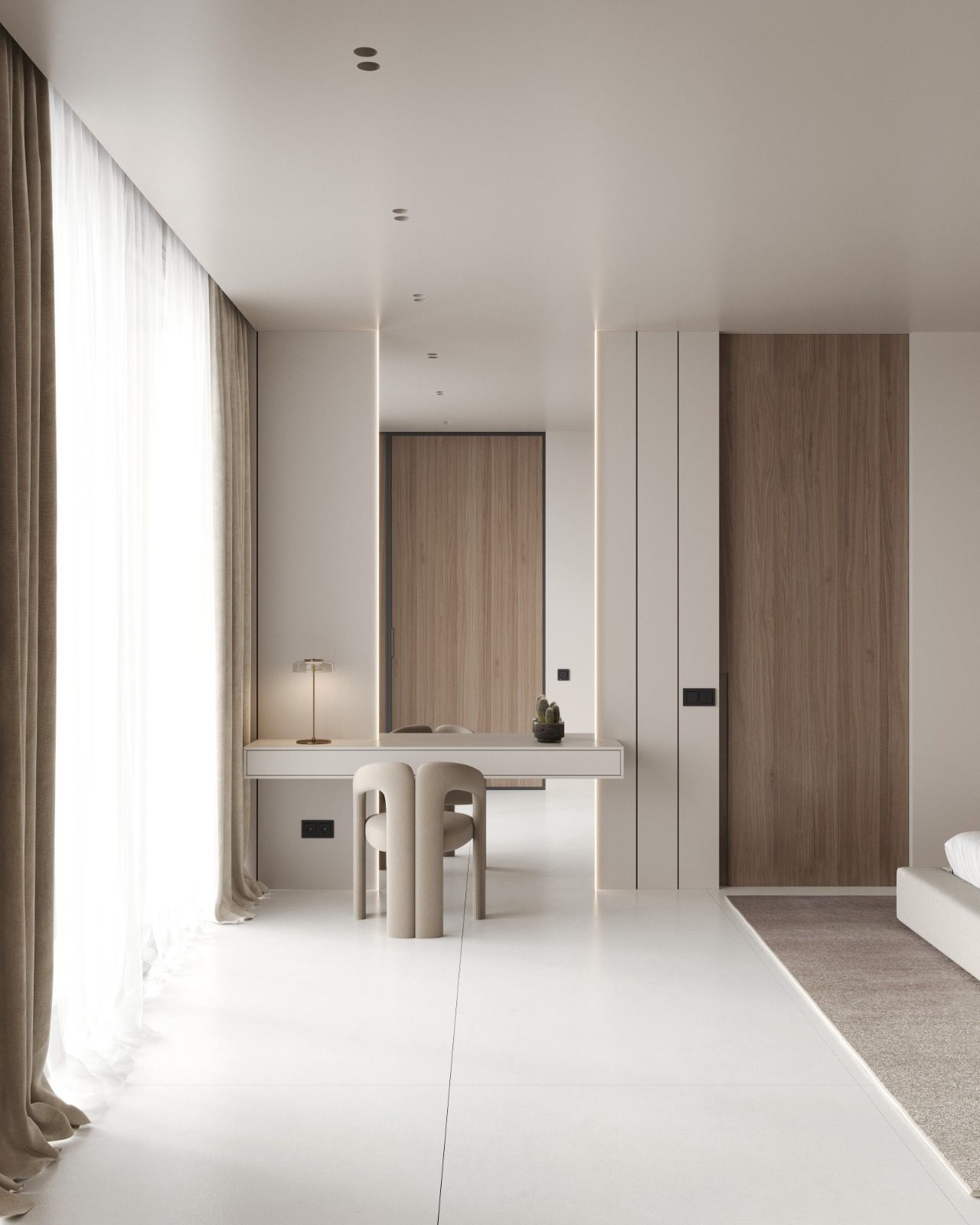 Villa VOG, Marbella: dormitorio principal con tocador y paneles de madera — Studio Eleven