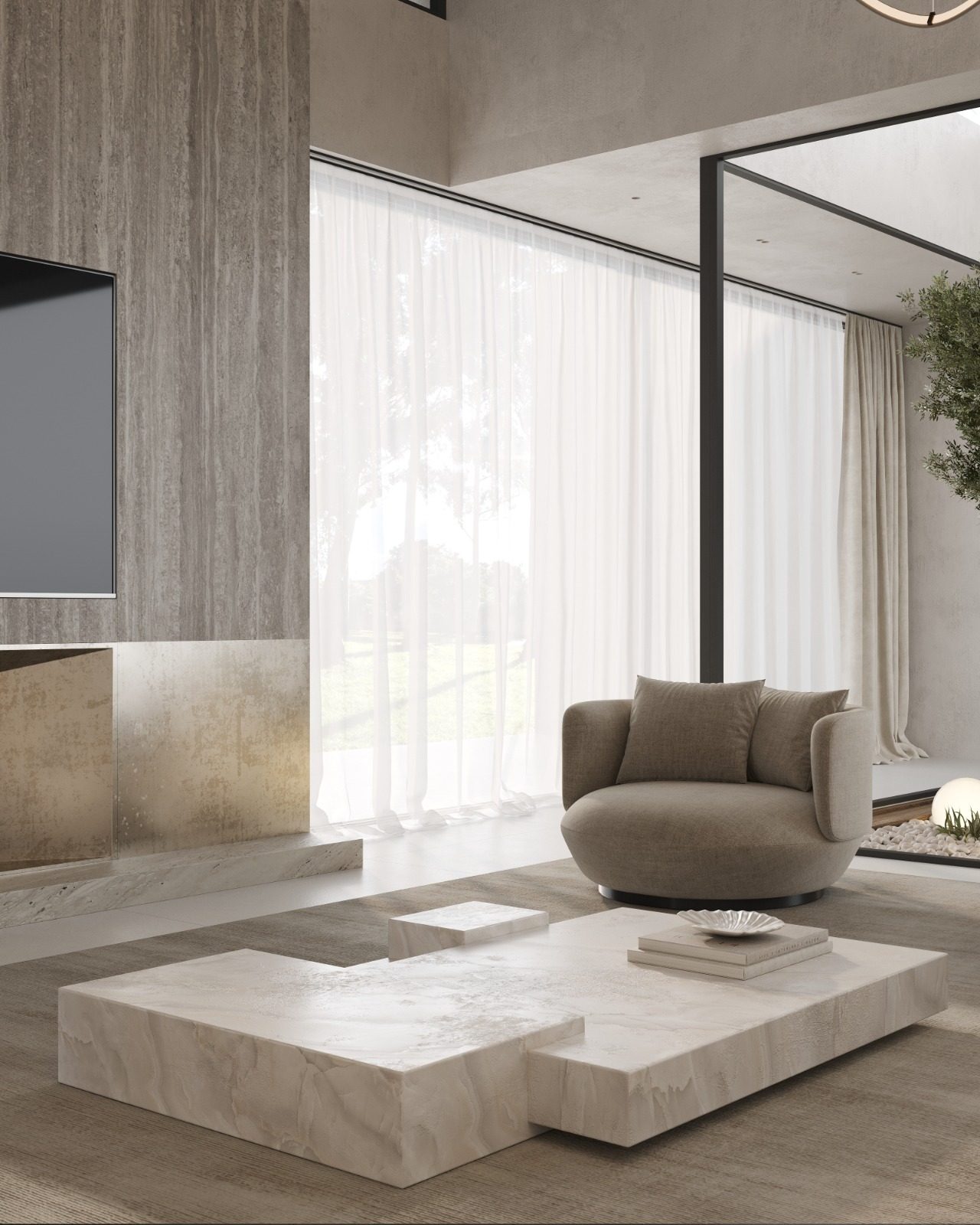 Villa VOG, Marbella: salón con butaca tapizada y mesa de centro de mármol — Studio Eleven