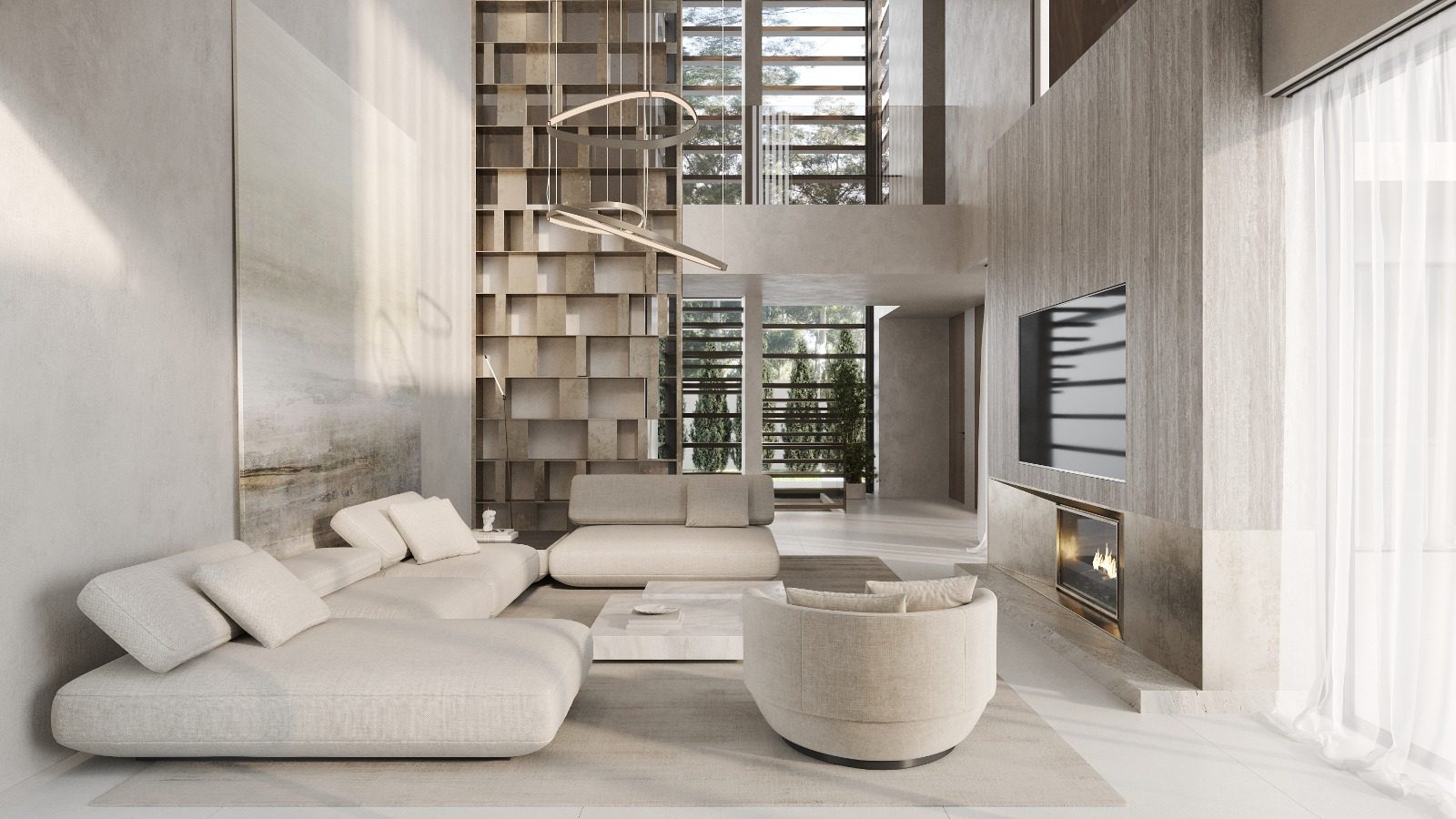 Villa VOG, Marbella: salón de doble altura con chimenea y estantería metálica — Studio Eleven